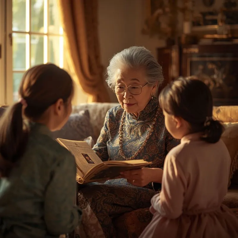 A grandmother sharing family memories with her grandchildren